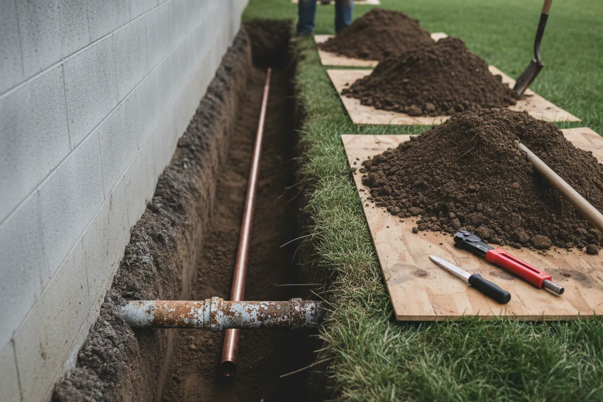 Excavated water line trench during Sewer Line Repair in Milford
